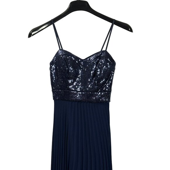Vintage Y2K Cache Navy Sequin Bodice Pleated Maxi Dress Spaghetti Straps Size 2 - Picture 2 of 9